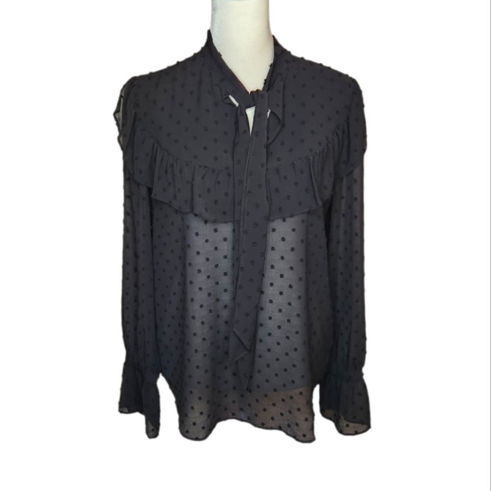 NEW Ann Taylor Tie Neck Black Swiss Dot Sheer Ruffle Blouse